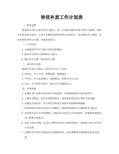 培优补差工作计划表
