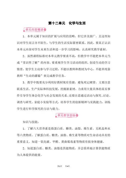 人教版九年级化学RJ下册名师新教案 第12单元 化学与生活 单元导学