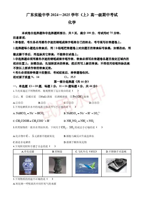 广东省实验中学2024年高一11月期中考试化学试题