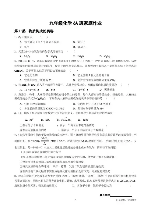九年级化学家庭作业(有答案)