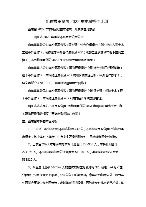 出东夏季高考2022年本科招生计划