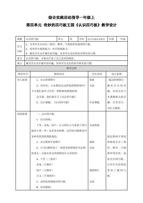 第四单元 奇妙的四巧板王国  主题活动一《认识四巧板》  教案