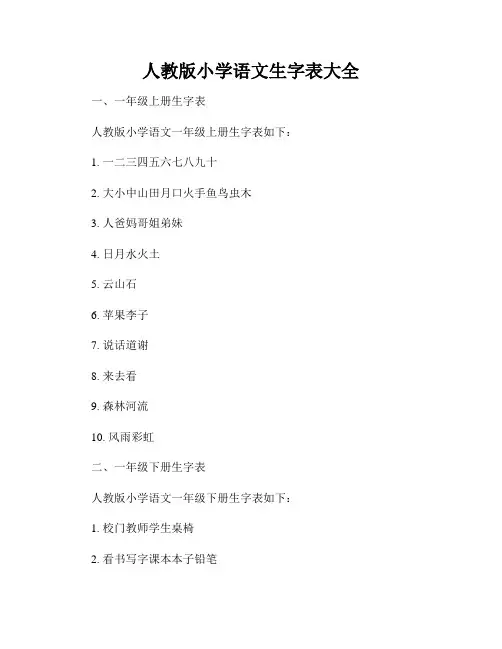 人教版小学语文生字表大全