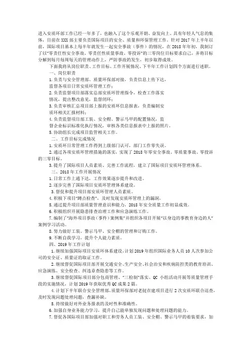 2018年安质环部个人工作总结及2019年工作 计划.docx
