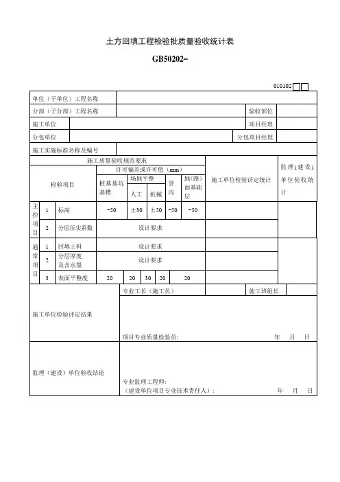 土方回填工程检验批质量验收记录表