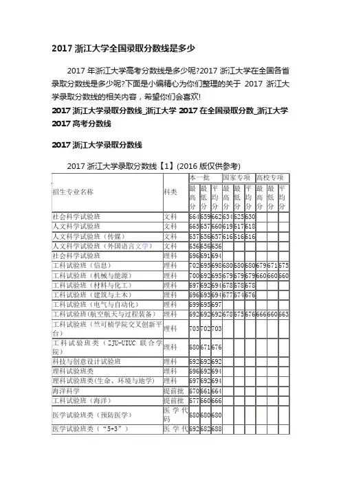 2017浙江大学全国录取分数线是多少