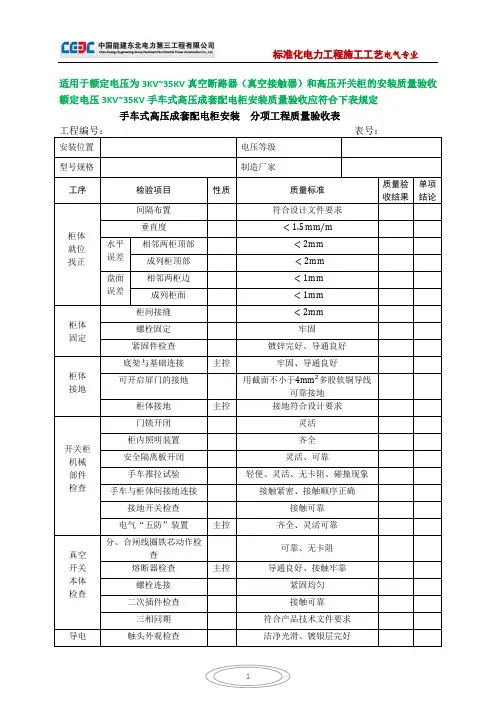高压开关柜安装(分项工程质量验收表)