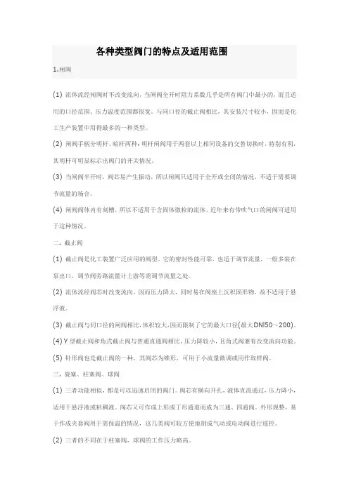 各种类型阀门的特点及适用范围