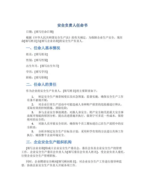 安全负责人任命书
