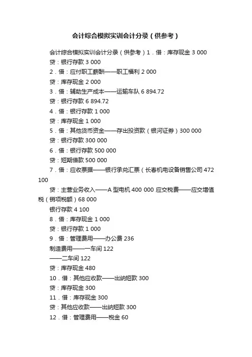 会计综合模拟实训会计分录（供参考）
