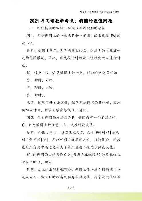 高考数学考点：椭圆的最值问题
