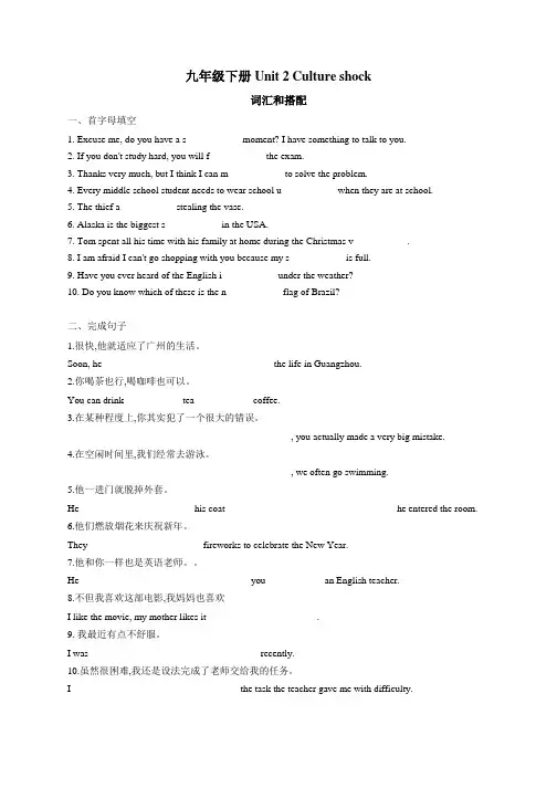2019-2020学年广州深圳牛津版九年级下册 Unit 2 Culture shock 课文同步训练(含答案)