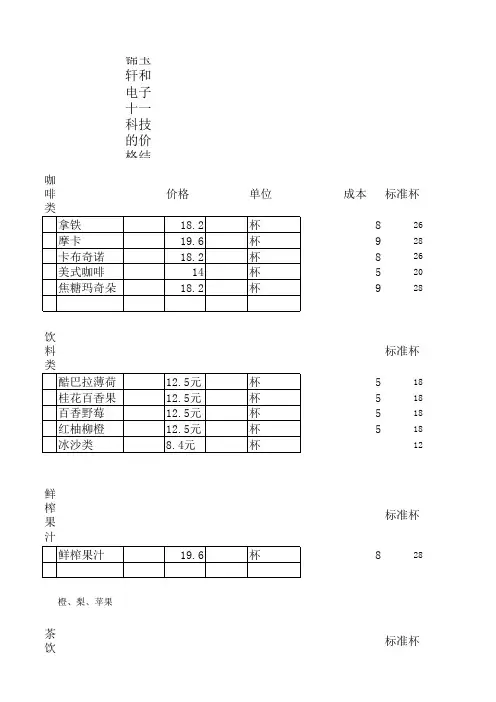 饮品价格表