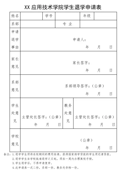 XX应用技术学院学生退学申请表(2024年)