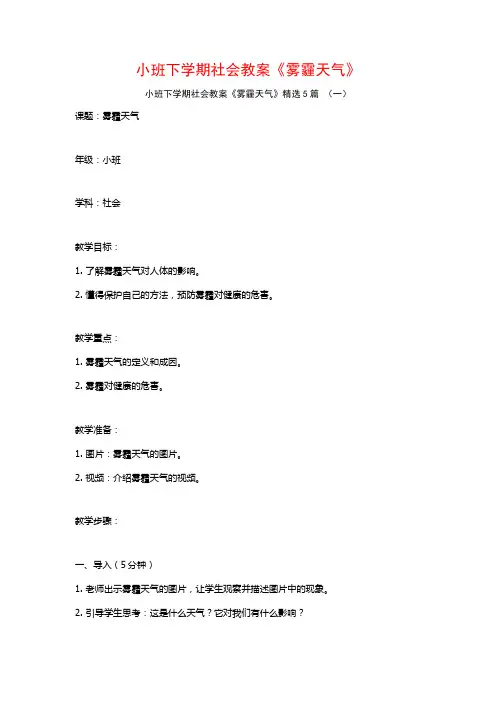 小班下学期社会教案《雾霾天气》5篇