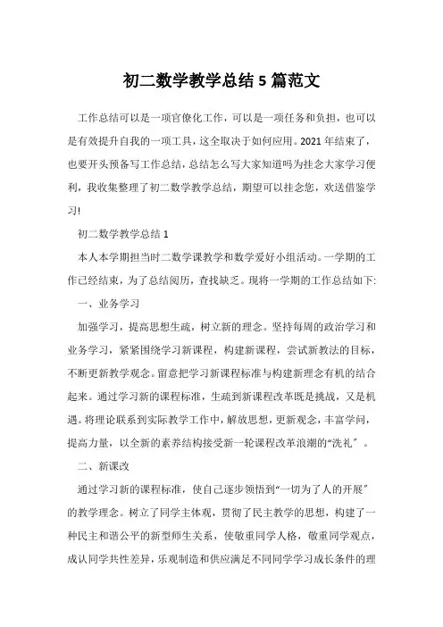 (数学教师)初二数学教学总结5篇范文