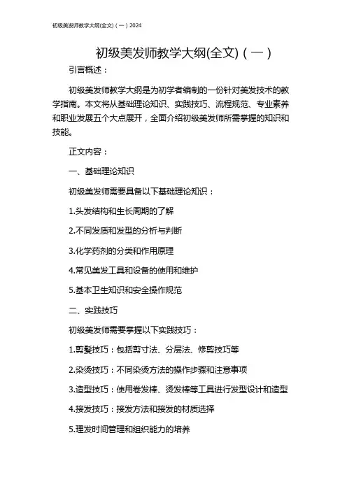 初级美发师教学大纲(全文)(一)2024