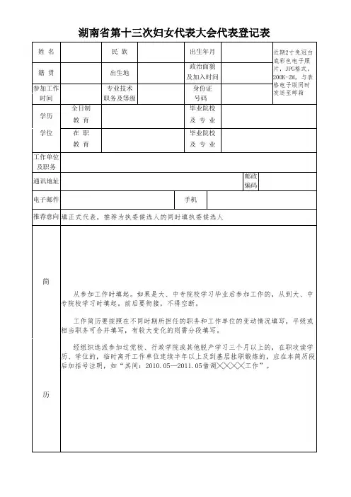 湖南省第十三次妇女代表大会代表登记表