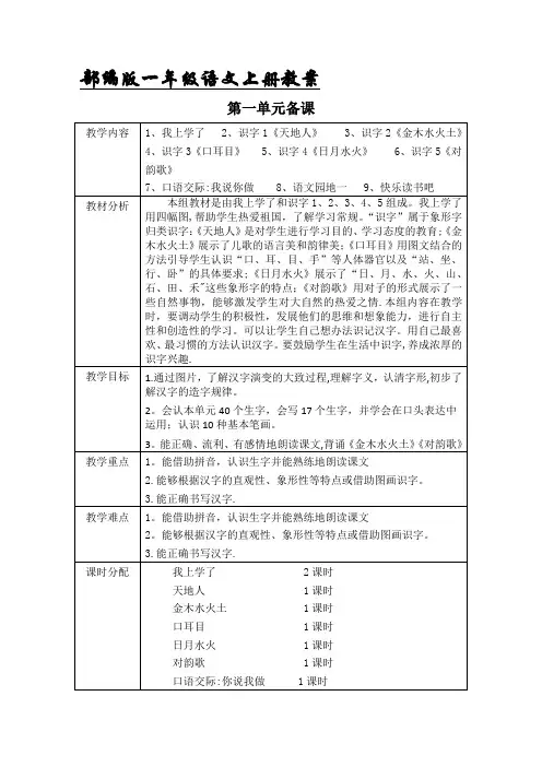最新部编版一年级语文上册表格式教案全册-教案(2018新教材)