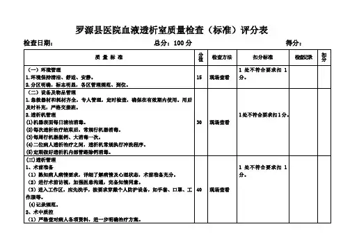 罗源县医院血液透析室质量检查标准