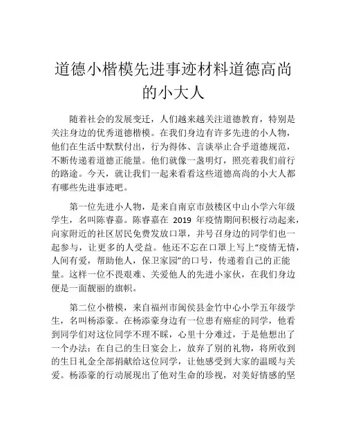 道德小楷模先进事迹材料道德高尚的小大人