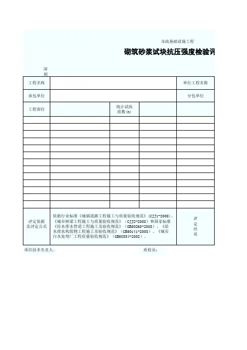 砌筑砂浆试块抗压强度检验评定表