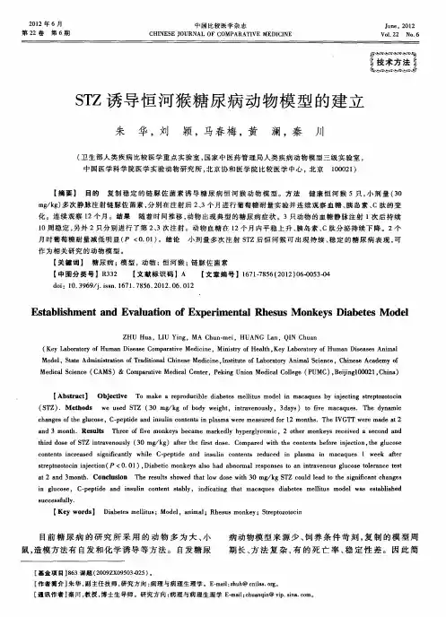 STZ诱导恒河猴糖尿病动物模型的建立