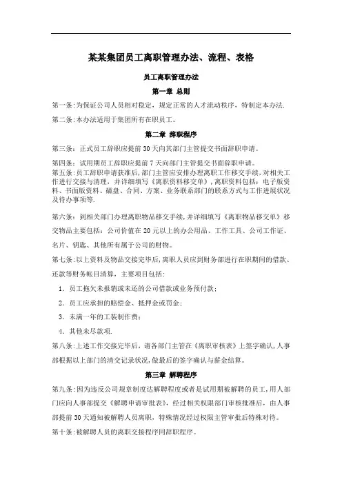 某某集团员工离职管理办法、流程、表格
