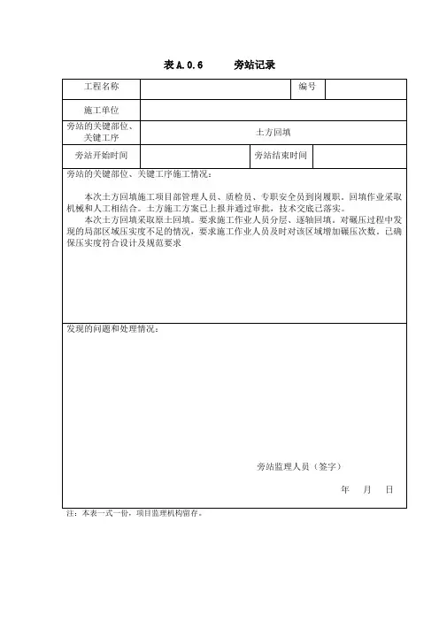 [监理资料]土方回填旁站记录