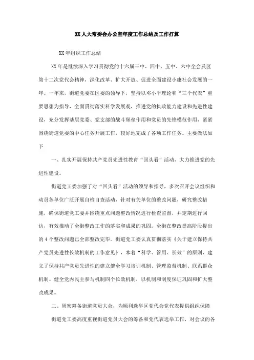 XX人大常委会办公室年度工作总结及工作打算