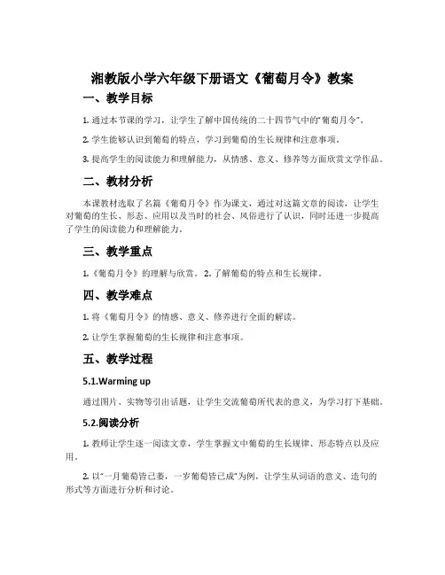 湘教版小学六年级下册语文《葡萄月令》教案