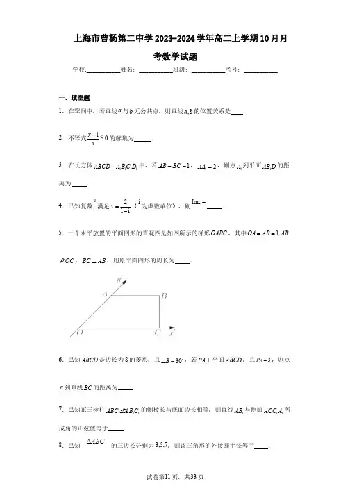 上海市曹杨第二中学2023-2024学年高二上学期10月月考数学试题