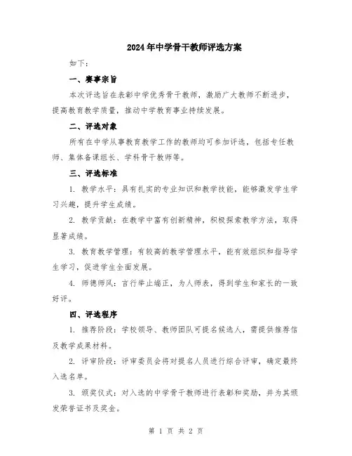 2024年中学骨干教师评选方案