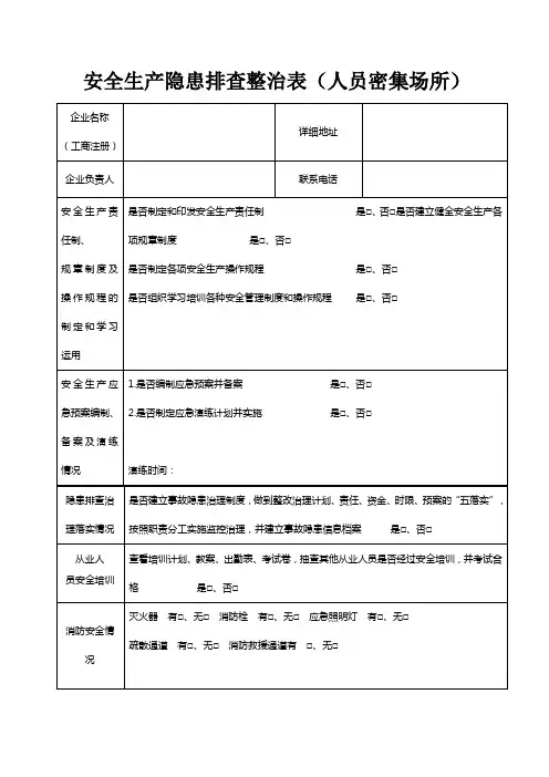 人员密集型场所安全生产隐患排查整治检查表