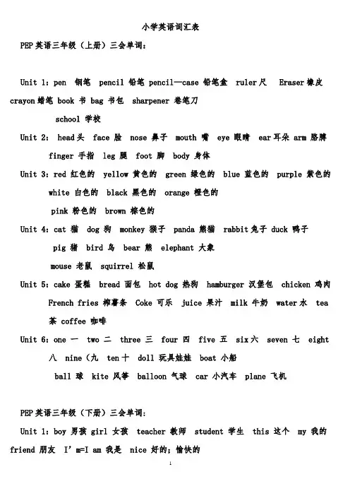 小学三年级至六年级英语单词