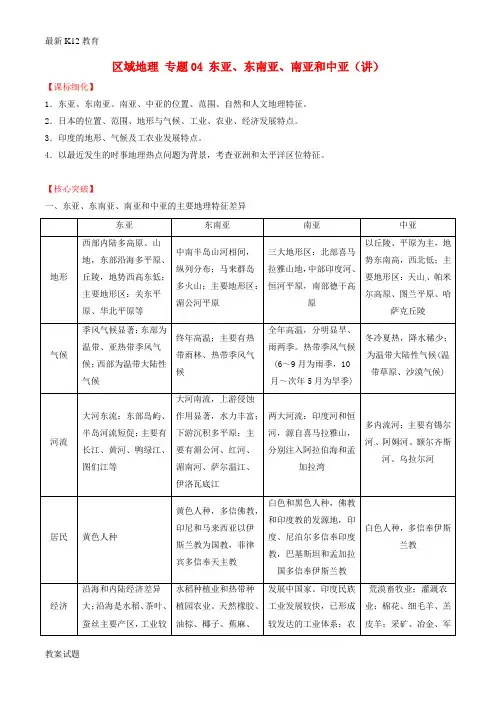 【配套K12】高中地理区域地理专题04东亚东南亚南亚和中亚讲提升版含解析1