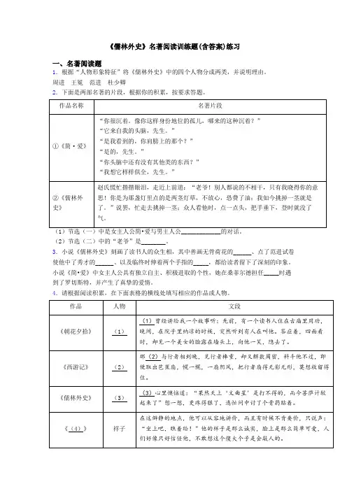 《儒林外史》名著阅读训练题(含答案)练习