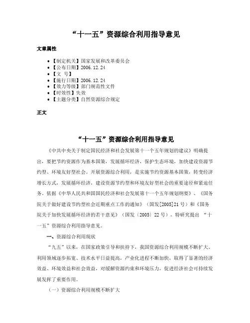 “十一五”资源综合利用指导意见