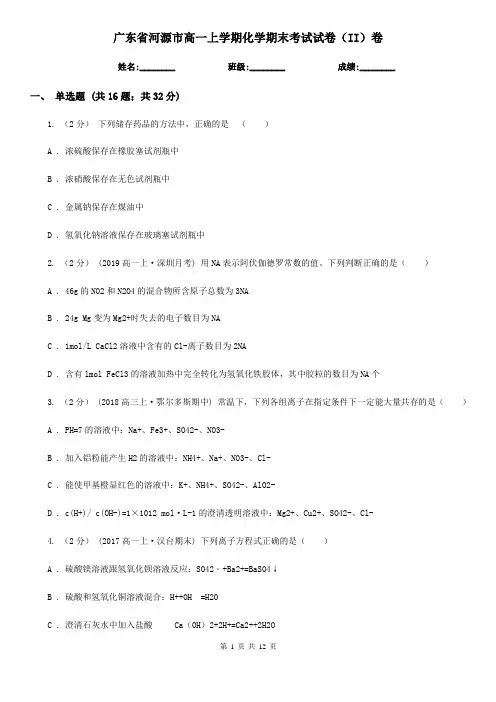 广东省河源市高一上学期化学期末考试试卷(II)卷(考试)