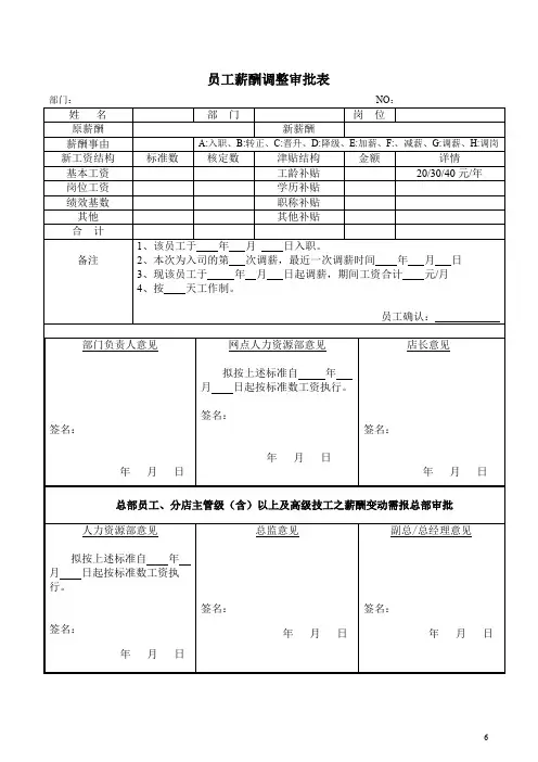 员工薪酬调整审批表