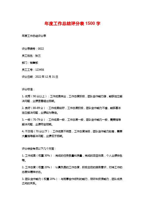 年度工作总结评分表1500字