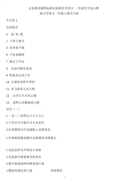 人教版小学语文一年级生字表(打印版)