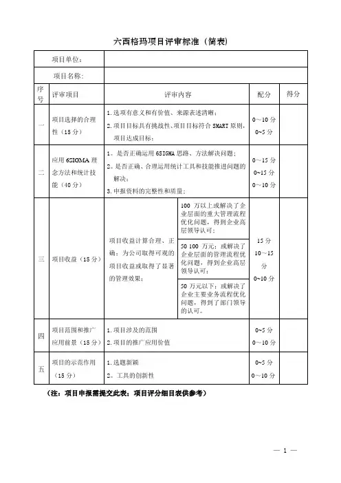 六西格玛项目评审标准(简表)解读