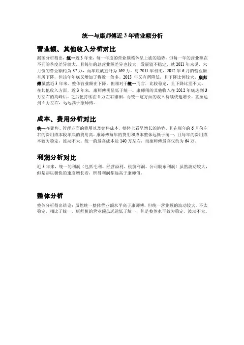 统一与康师傅近3年营业额分析