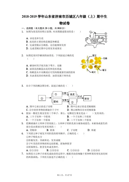 2018-2019学年山东省济南市历城区八年级(上)期中生物试卷(解析版)