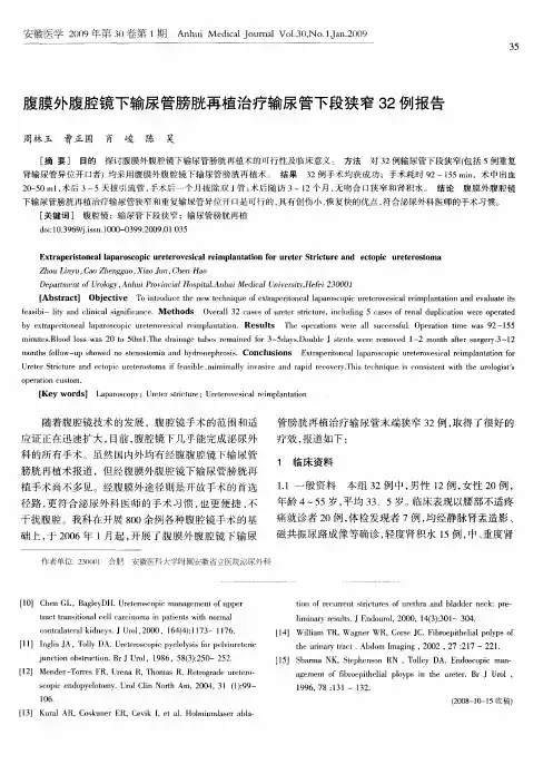腹膜外腹腔镜下输尿管膀胱再植治疗输尿管下段狭窄32例报告