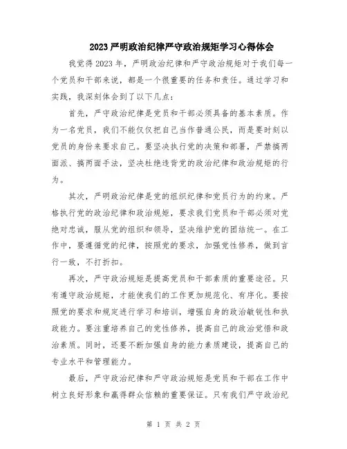 2023严明政治纪律严守政治规矩学习心得体会