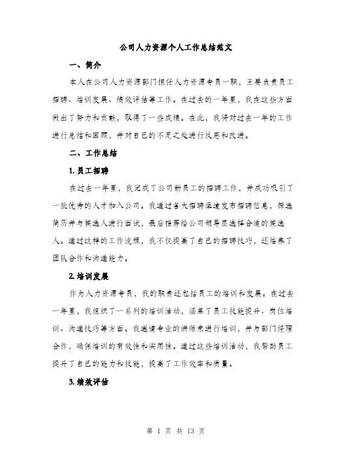 公司人力资源个人工作总结范文（5篇）
