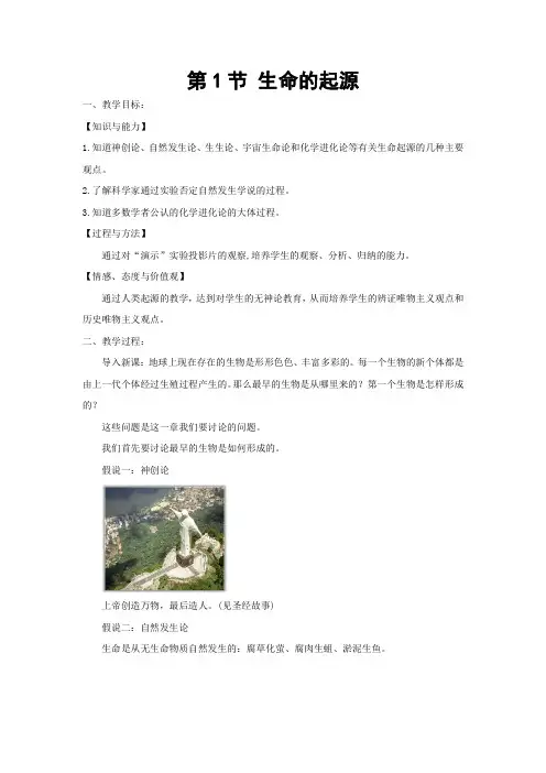 北师大版生物八年级下册 生命的起源 教案