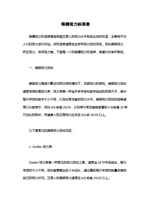 眼睛视力标准表